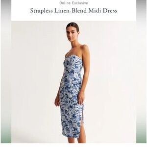 Abercrombie Strapless linen blend midi dress in BLUE FLORAL